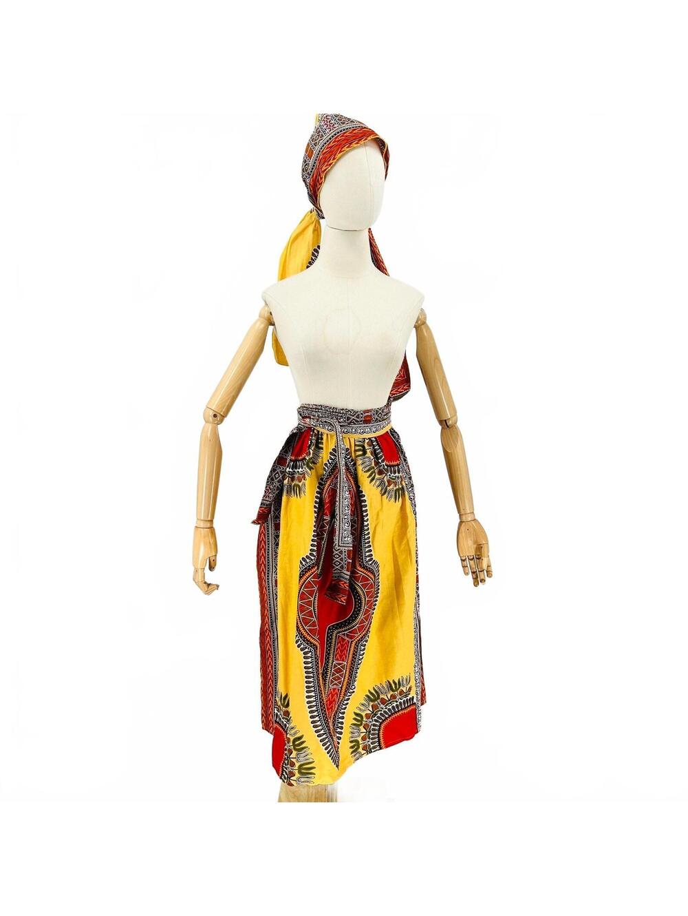 Vintage 90s Rainbow Yellow Red Dashiki Cotton Skirt Set